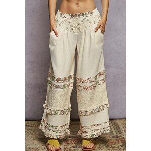 POL Floral Pattern Ruffle Detail Lace Mixes Wide Knit Pants S-L